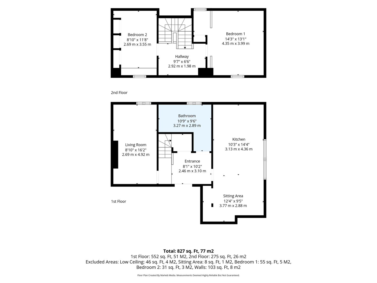 Floorplan of the duplex apartment across two floors, total 827 sq ft